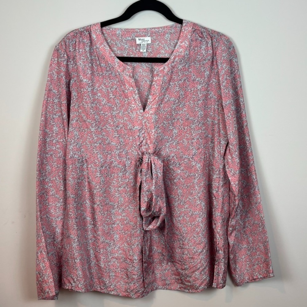 Mimi Maternity 100% Silk Pink Floral Y-Neck Long Sleeve Tie Front Blouse Sz MED